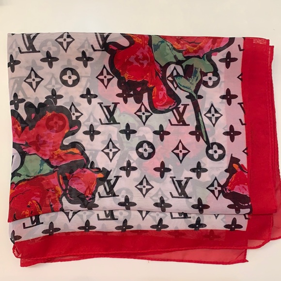 monogram roses silk chiffon scarf